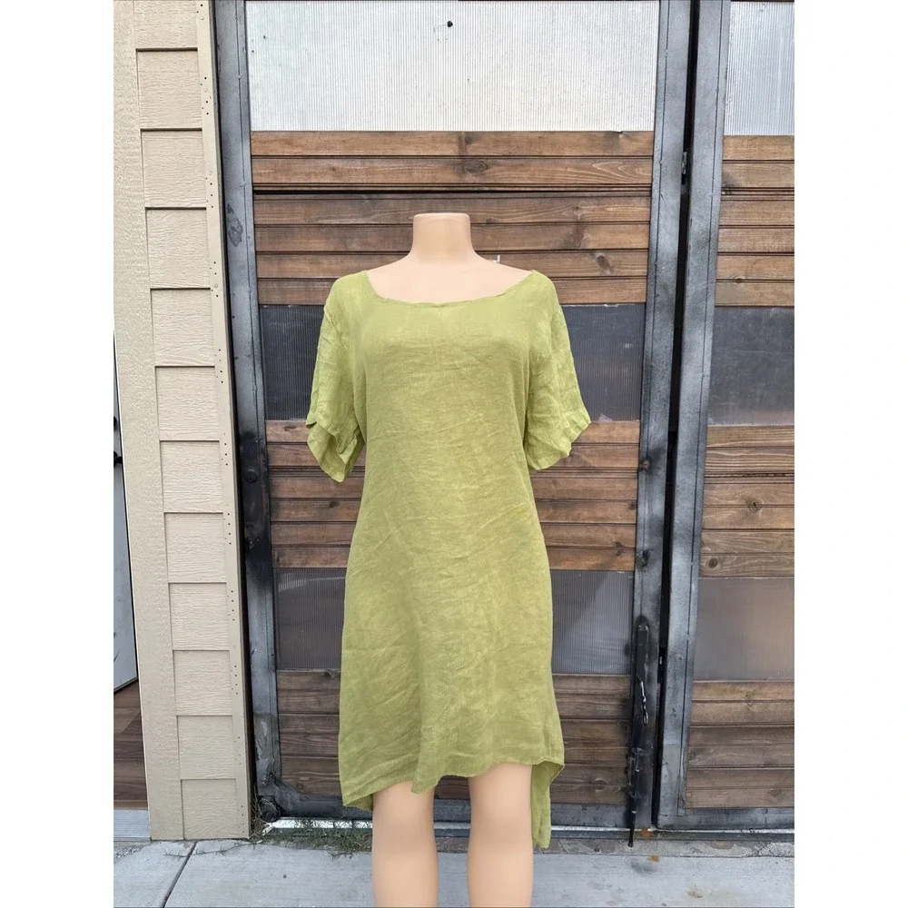 Made in Italy Linen Lagenlook Tunic Dress Chartreuse Asymmetrical Ruched Yellow